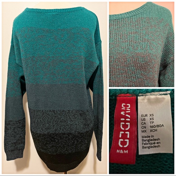 Divided Striped Retro Turquoise Long Sweater, XS - Picture 2 of 2